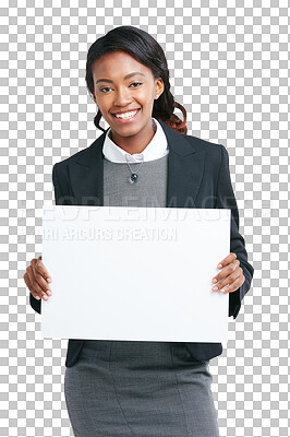 Buy stock photo Poster, happy and portrait of business black woman on png, isolated and transparent background. Advertising, corporate worker and female person with billboard for announcement, promotion and news