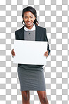 A Business, blank sign and portrait of black woman with smile and mockup. Marketing, advertising and woman with poster for product placement or news announcement in isolated on a png background