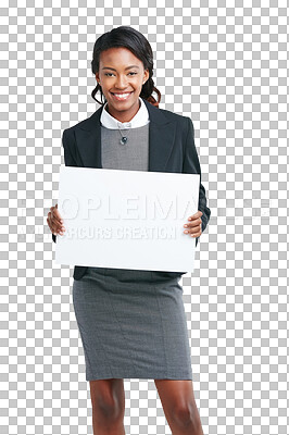 Buy stock photo Poster, space and portrait of business black woman on png, isolated and transparent background. Branding, corporate worker and happy female person with billboard for announcement, promotion and news