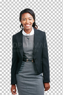 Buy stock photo Black woman, smile portrait and business employee happy and smiling with modern style. Confident, proud and young African female worker and professional isolated on a transparent, png background