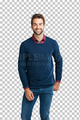 Buy stock photo Portrait, fashion and smile with man on png background for cool, handsome and attractive. Trendy, happy and confident with male isolated on transparent for carefree, cheerful and elegant style