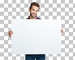 A Portrait, marketing or business man with paper mockup space for product, advertising or branding poster. Model, smile or businessman with banner, billboard news or logo in isolated on a png background