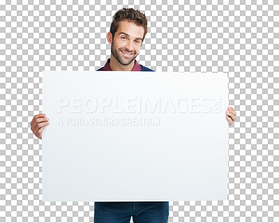 Buy stock photo Poster, banner and portrait of business man on png, isolated and transparent background. Advertising, branding and happy male person with empty billboard space for announcement, promotion and news
