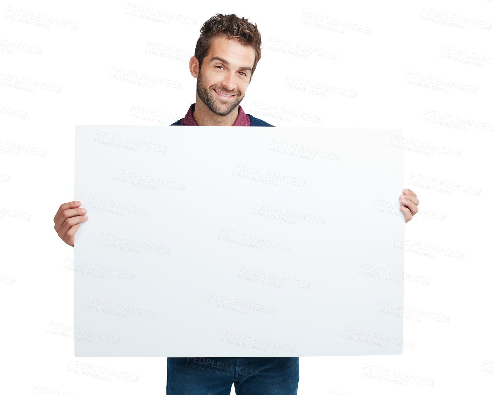 Buy stock photo Poster, banner and portrait of business man on png, isolated and transparent background. Advertising, branding and happy male person with empty billboard space for announcement, promotion and news