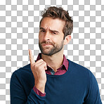 A Businessman, face and thinking pointing, creative and vision. Portrait, planning and handsome man with goal, motivation and startup, business idea and isolated on a png background