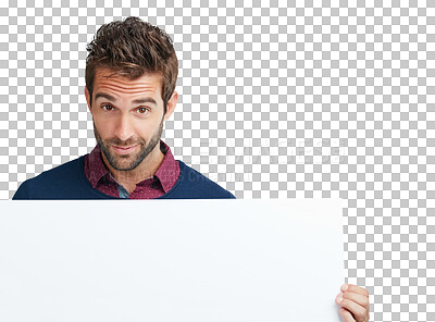 Buy stock photo Poster, billboard and portrait of business man on png, isolated and transparent background. Advertising, branding and male person with empty banner space for announcement, promo information and news
