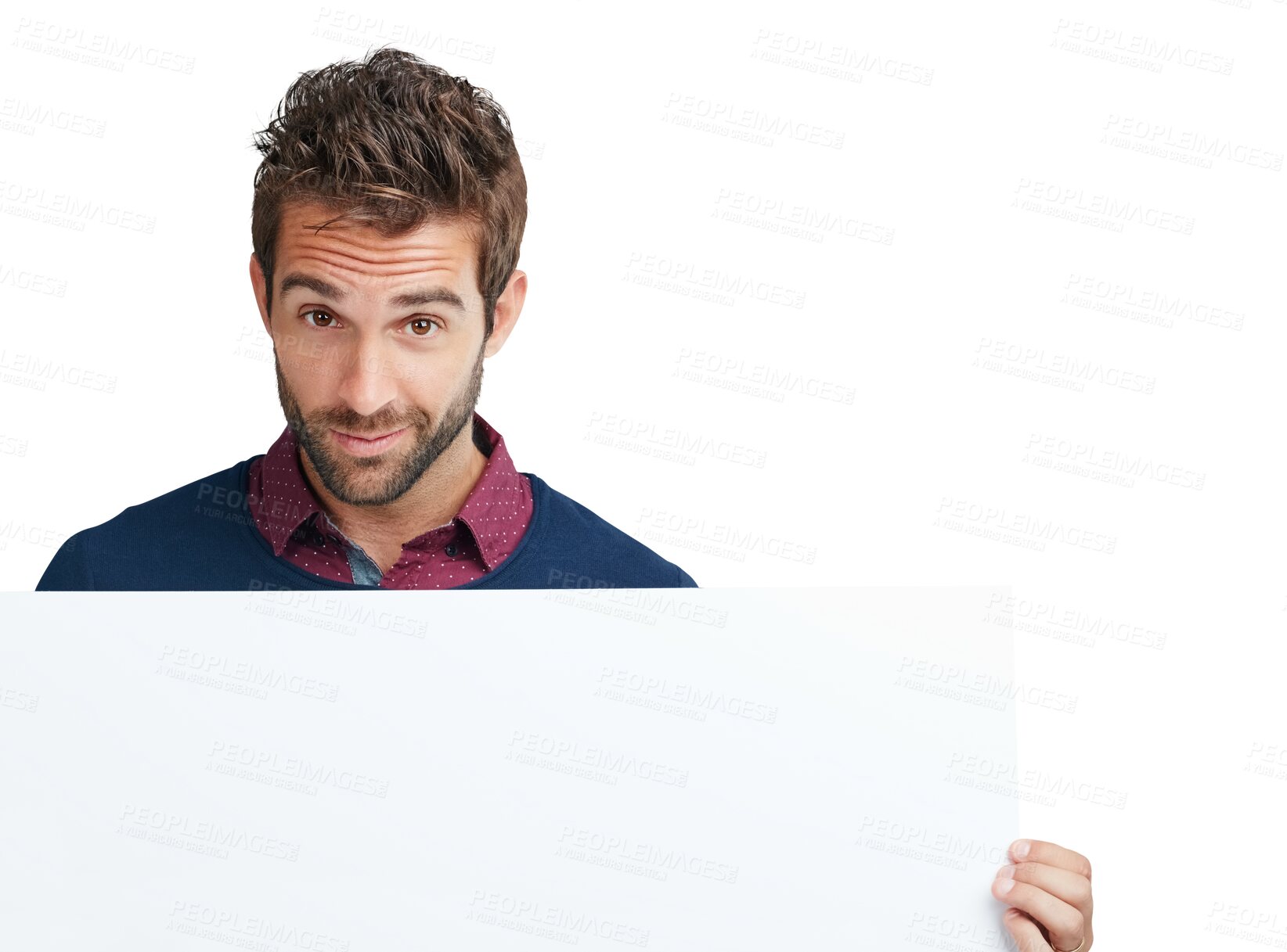 Buy stock photo Poster, billboard and portrait of business man on png, isolated and transparent background. Advertising, branding and male person with empty banner space for announcement, promo information and news