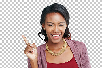 Buy stock photo African business woman, portrait and point with smile, fashion or jewellery by png background. Isolated model, female entrepreneur or businesswoman with hand sign for idea, suggestion or announcement