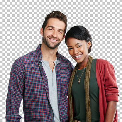 Buy stock photo Portrait, diversity and couple of friends with happiness and a smile showing support and love. Interracial partner, happy people and African woman with a man isolated on a transparent, png background