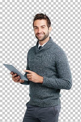 Buy stock photo Tablet, smile and portrait of business man on png background for research, website and social media. Happy, technology and digital with male isolated on transparent for communication and networking 