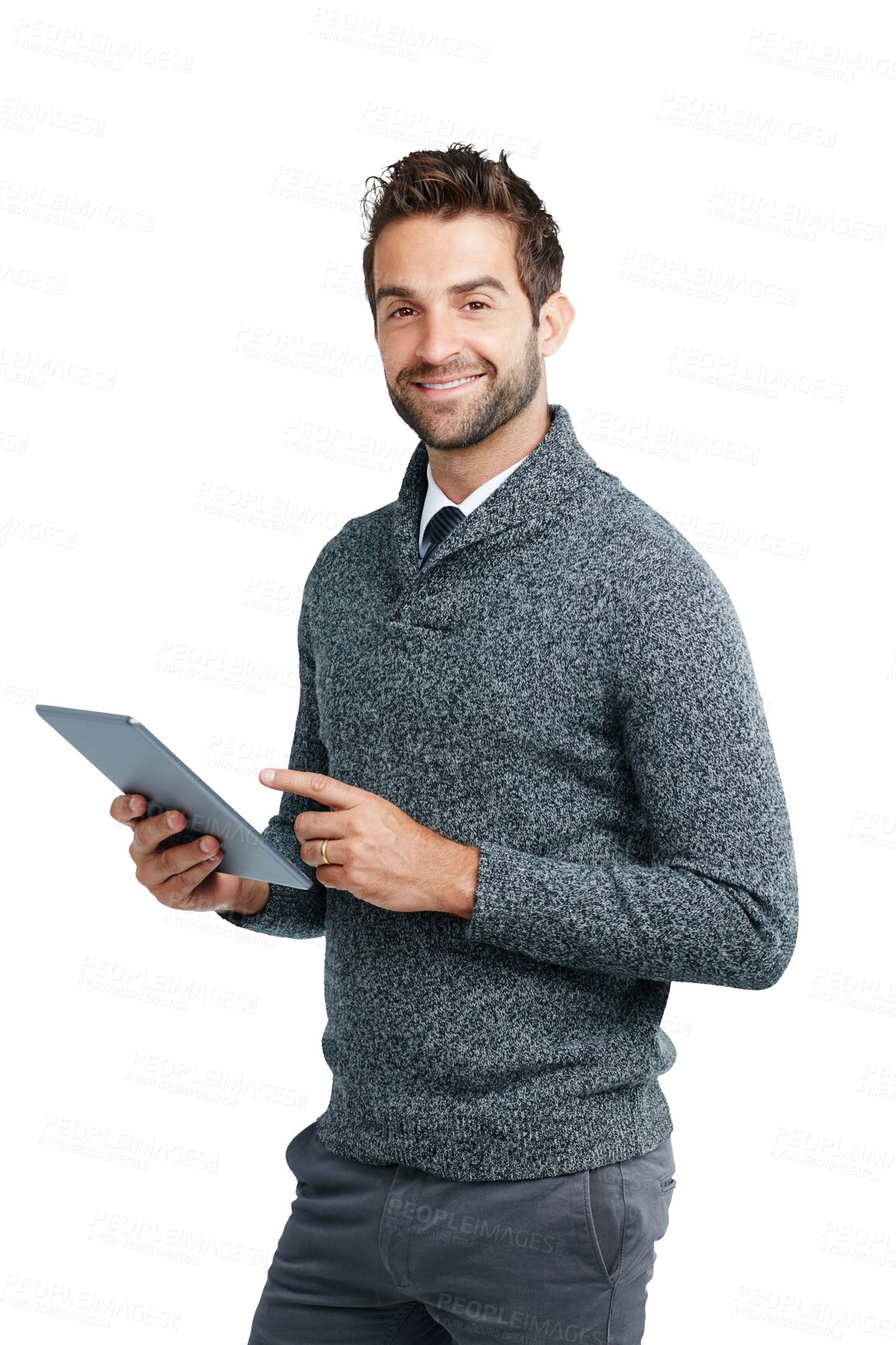 Buy stock photo Tablet, smile and portrait of business man on png background for research, website and social media. Happy, technology and digital with male isolated on transparent for communication and networking 