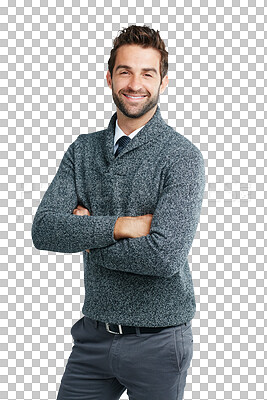 Buy stock photo Business man, smile portrait and arms crossed from success ready for work. Confidence and happy businessman model smiling from job ambition and modern style isolated on a transparent, png background