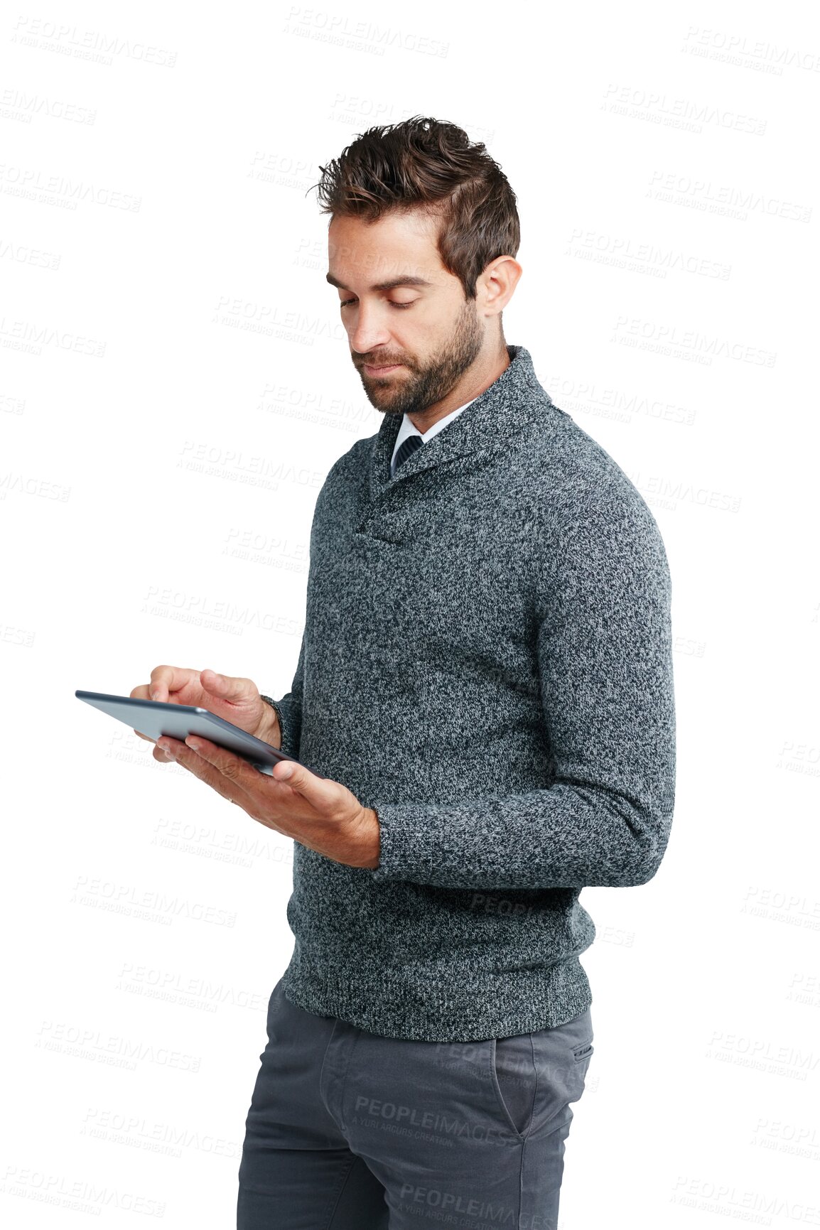 Buy stock photo Tablet, search and business man on png background for research, website and social media. Planning, technology and digital with male isolated on transparent for communication and networking 