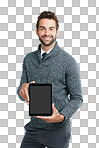 A Portrait, screen or business man with tablet for mockup space board, advertising or networking. Model, smile or businessman with tech for communication, social media or blog content review isolated on a png background