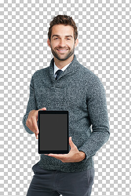 Buy stock photo Business man, tablet and blank screen in portrait for promotion, ui or app promo by png background. Isolated businessman, touchscreen and mock up space for logo, website or ux with happiness for job