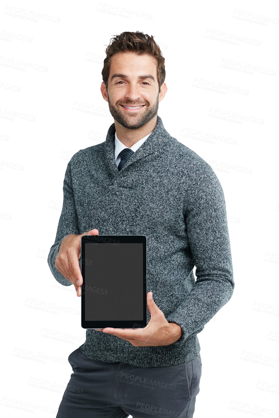 Buy stock photo Business man, tablet and blank screen in portrait for promotion, ui or app promo by png background. Isolated businessman, touchscreen and mock up space for logo, website or ux with happiness for job