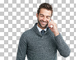 Phone call, communication or business man happy for loan review, finance or invest for success. Smile, isolated or manager on smartphone for networking, b2b network or planning in isolated on a png background