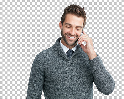 Buy stock photo Phone call, communication and business man happy about professional and success. Smile, male employee or manager on mobile conversation for management planning isolated on transparent, png background
