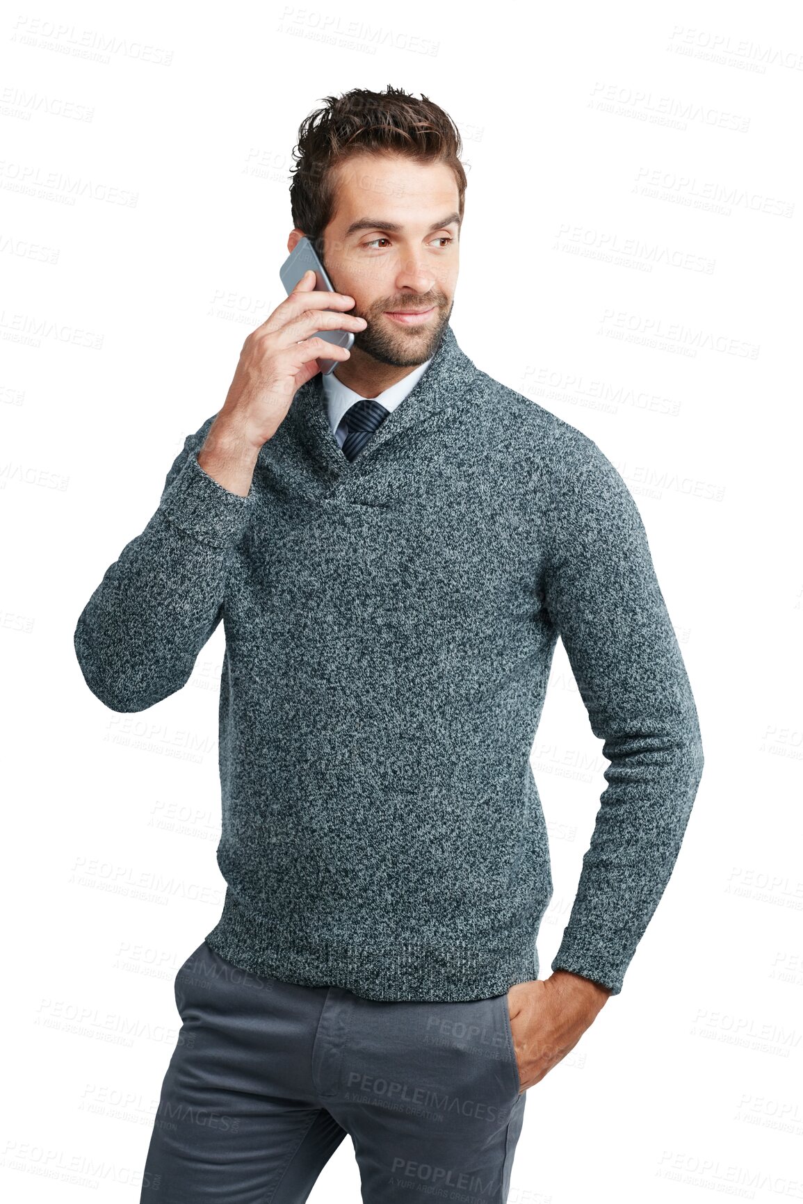 Buy stock photo Corporate, phone call and business man for talking on isolated, png and transparent background. Communication, networking and male worker thinking with cellphone for planning, meeting and discussion
