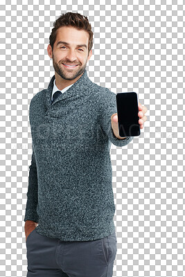 Buy stock photo Phone, screen and portrait of business man for branding on isolated, png and transparent background. Communication, networking and male worker with smartphone for mobile app, social media and website