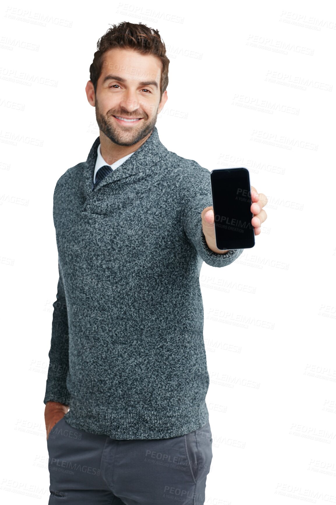 Buy stock photo Phone, screen and portrait of business man for branding on isolated, png and transparent background. Communication, networking and male worker with smartphone for mobile app, social media and website