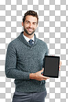 A Smile, portrait or business man on tablet screen for internet research, social media or networking. Tech or person on touchscreen for social network, blog review or media app isolated on a png background