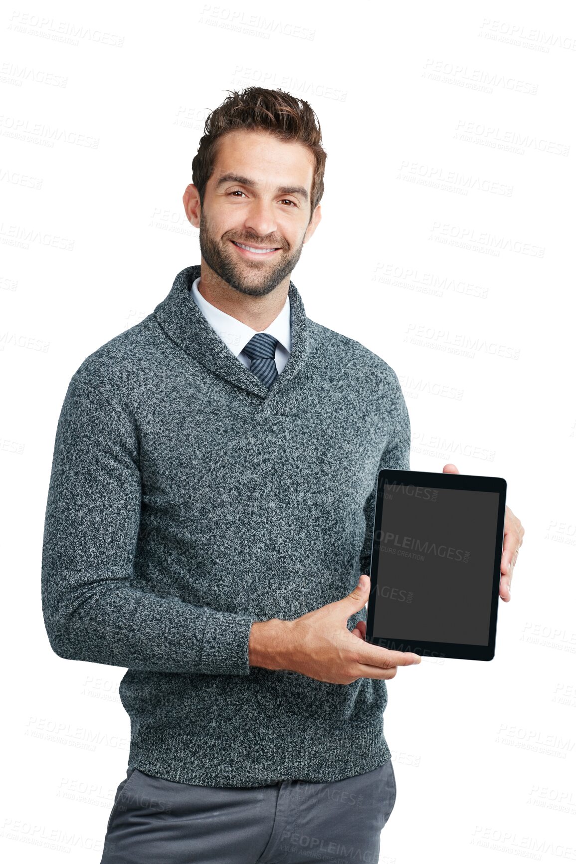 Buy stock photo Business man, blank tablet and portrait with screen for website, ui or app promo by png background. Isolated businessman, touchscreen and mock up space for logo, web design and ux in presentation