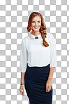 A Happy businesswoman and person posing for professional profile picture. Ginger girl with style, natural smile and elegant pose with formal fashion isolated on a png background
