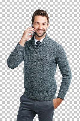 Buy stock photo Phone call, communication portrait and business man happy about networking success. Smile, male employee or manager on mobile conversation for management isolated on transparent, png background