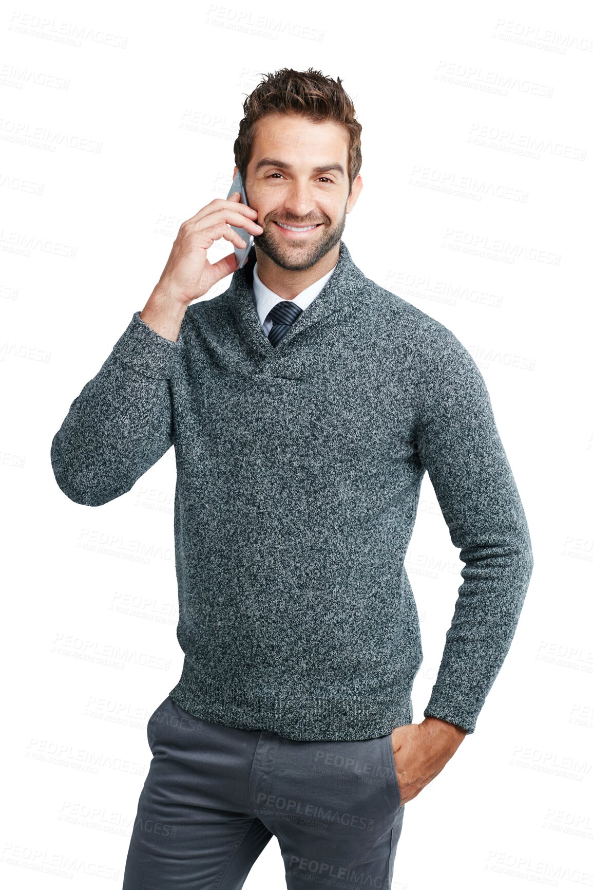 Buy stock photo Phone call, communication portrait and business man happy about networking success. Smile, male employee or manager on mobile conversation for management isolated on transparent, png background