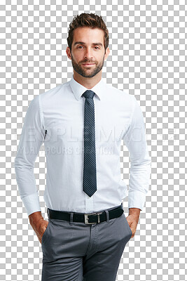 Buy stock photo Business man, portrait and confidence with work pride ready for professional management working. Corporate worker, employee and manager with confidence and isolated on a transparent, png background