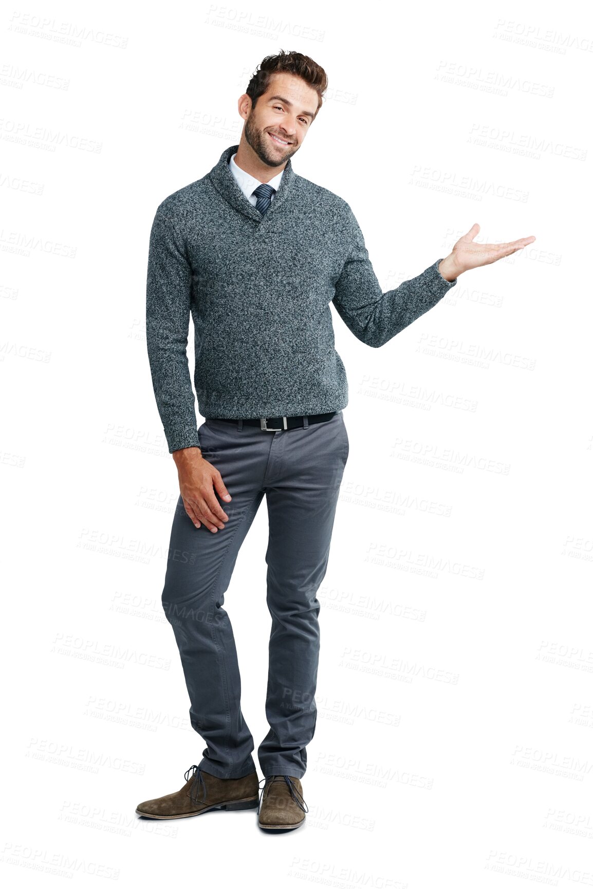 Buy stock photo Show, present and portrait of business man with hand gesture on png, isolated and transparent background. Branding, professional style and male worker pointing for promotion, decision and choice