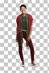 A Black woman, fashion and portrait of a model with cool hipster style. Happy, smile and african person alone standing and feeling female empowerment from stylish clothes isolated on a png background
