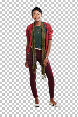 Buy stock photo Portrait, happy and black woman standing isolated on transparent png background in casual outfit. Female person with confidence, happiness and good mood for fashionable clothes, pride and empowerment