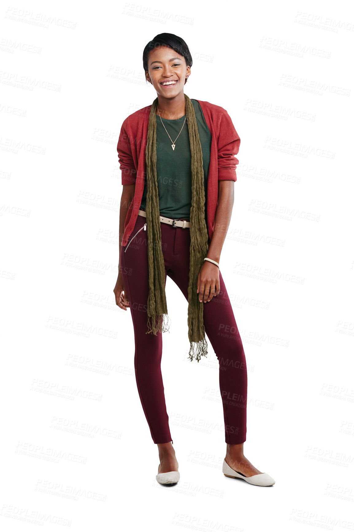 Buy stock photo Portrait, happy and black woman standing isolated on transparent png background in casual outfit. Female person with confidence, happiness and good mood for fashionable clothes, pride and empowerment