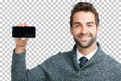 Buy stock photo Phone, screen and portrait of business man on isolated, png and transparent background. Communication, branding and male worker smile with smartphone for mobile app, social media and website display