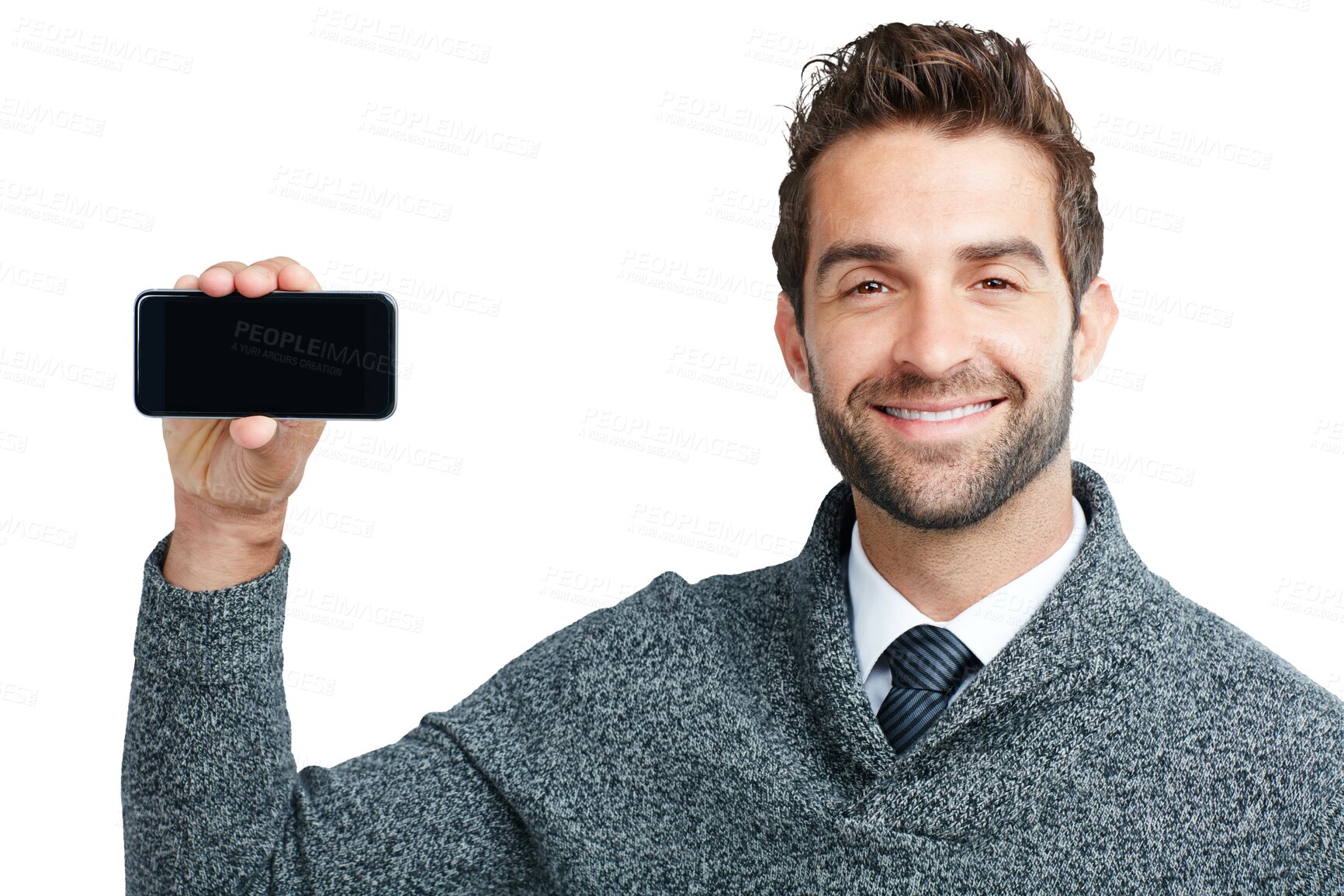 Buy stock photo Phone, screen and portrait of business man on isolated, png and transparent background. Communication, branding and male worker smile with smartphone for mobile app, social media and website display