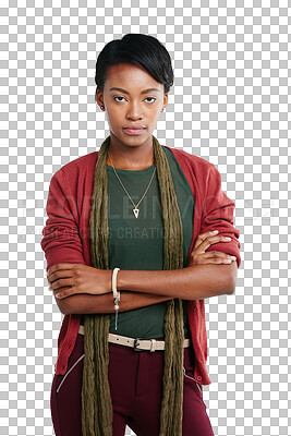 Buy stock photo Portrait, face and arms crossed of serious black woman isolated on a transparent png background. Young female person with focused attitude, fashionable style and clothes for confidence of empowerment