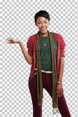 Buy stock photo Portrait, happy black woman and advertising with hands for offer, information and brand coming soon. Female person, gesture and announcement of sales promotion isolated on transparent png background 