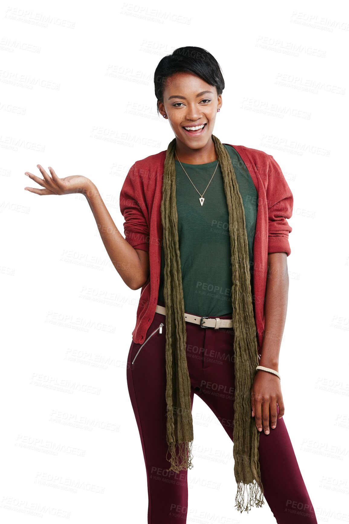 Buy stock photo Portrait, happy black woman and advertising with hands for offer, information and brand coming soon. Female person, gesture and announcement of sales promotion isolated on transparent png background 