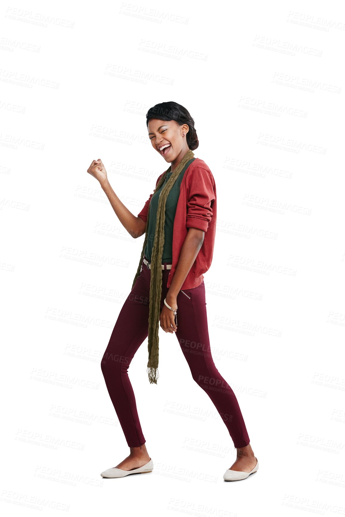 Buy stock photo Black woman, fist celebration and happiness for success, goals and achievement by png background. Isolated model, girl and celebrate with hand sign, happy and excited shout for winning in competition