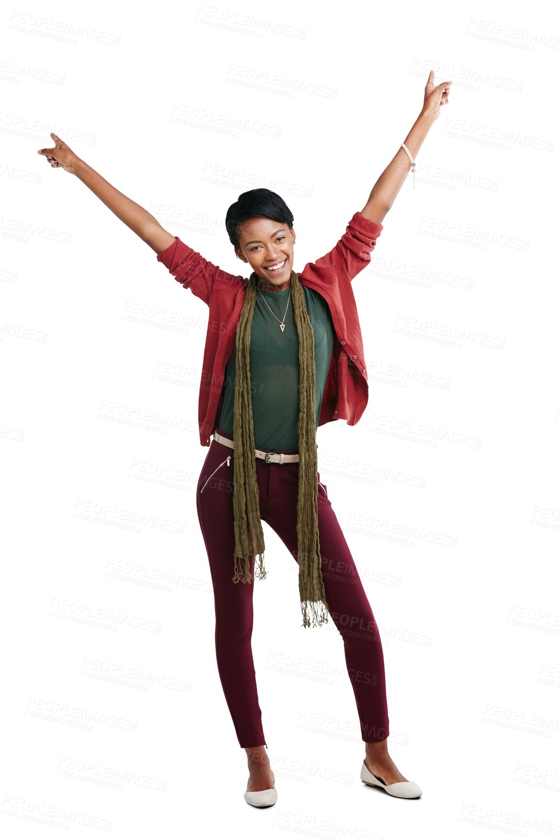 Buy stock photo Celebration, cheering and portrait of black woman with hands up of winner, deal and lottery. Success, freedom and victory of happy female person excited while isolated on transparent png background