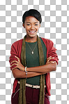 A Woman, portrait smile and standing arms crossed for ambition or profile. Happy isolated female model posing with crossed arms smiling in happiness on isolated on a png background