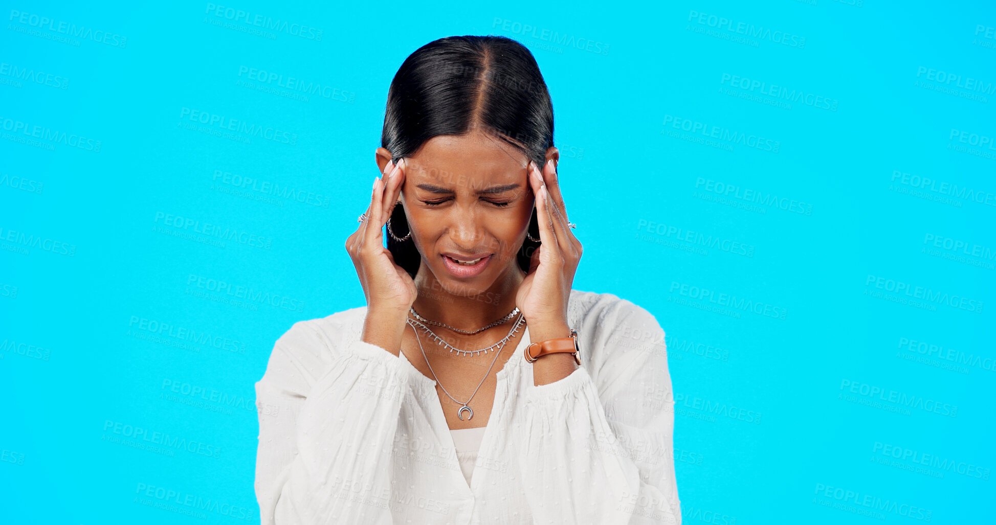 Buy stock photo Business woman, headache and burnout with migraine, pain and stress in studio. Female professional, health problem and tired from anxiety with mistake, fatigue and work fail in blue background