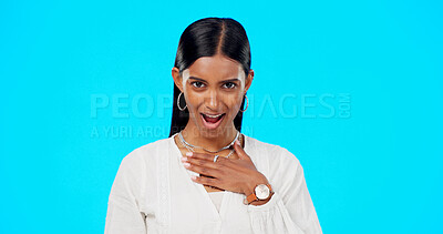 Buy stock photo Woman, shocked and portrait in studio background for secret, gossip or announcement for marketing advert. Indian female, mouth open and mockup for discount giveaway or sale, winning prize or excited