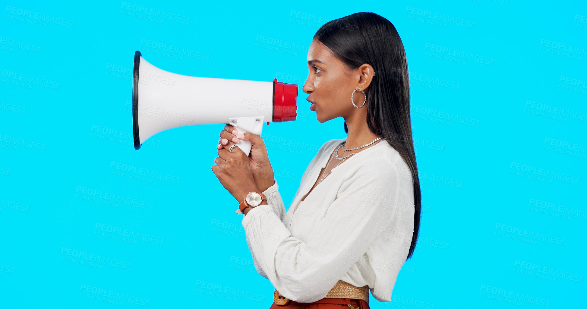 Buy stock photo Megaphone communication, studio and woman speech, voice or broadcast advertising announcement, notification or audio. Government politics protest, bullhorn audio or profile speaker on blue background