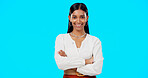 Laughing, studio and Indian woman face with blue background feeling success. Business employee, motivation and happy portrait of a young female worker and professional isolated with happiness and joy