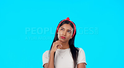 Mock up studio, idea thinking or woman contemplating sales promo, present gift or discount deal choice. Female decision, advertising space or marketing product placement for person on blue background