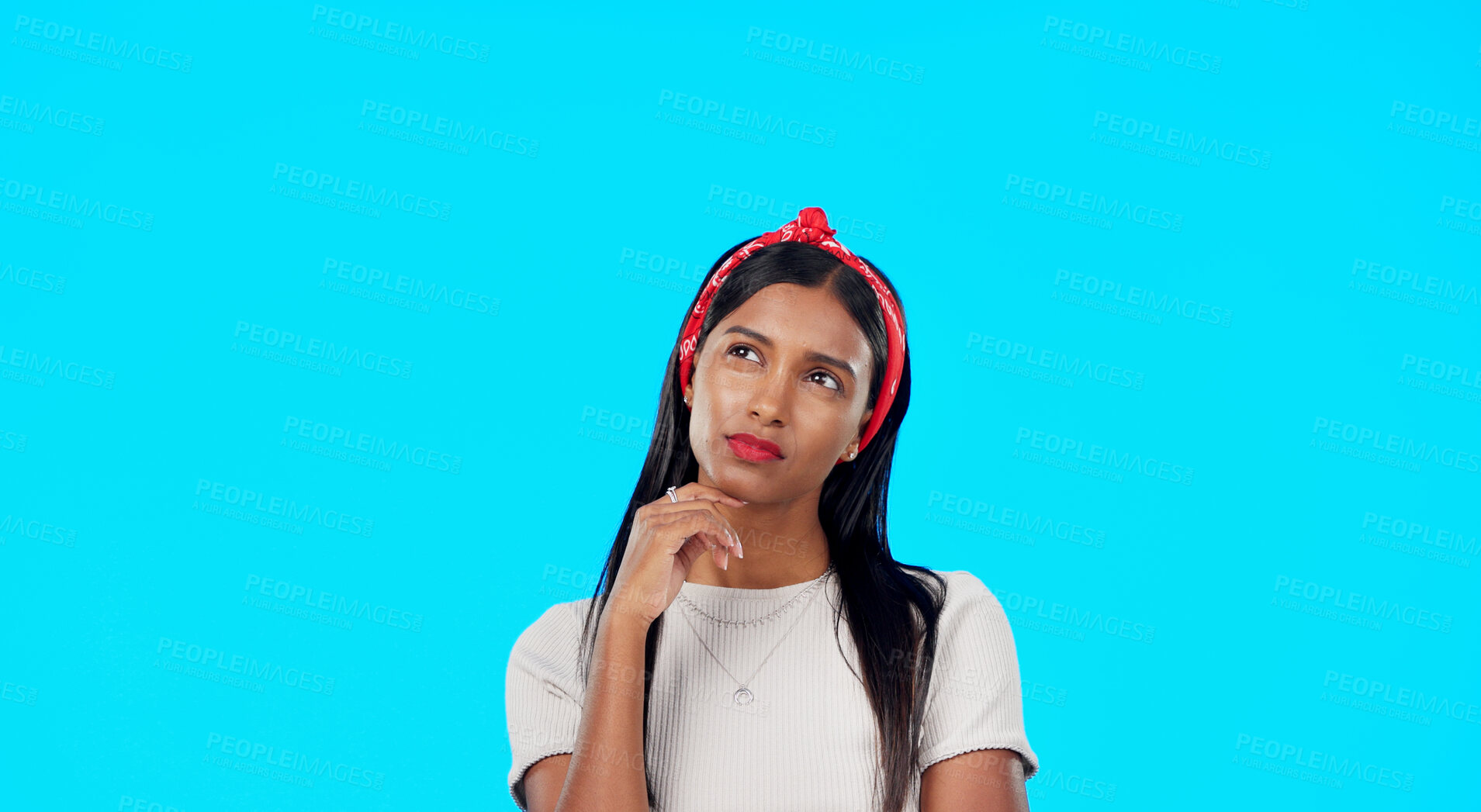 Buy stock photo Thinking, inspiration and ideas with woman in studio, future or dream with solution on blue background. Decision, question with problem solving and remember, insight and memory for brainstorming