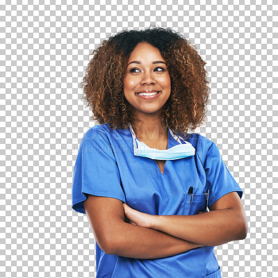 Buy stock photo Nurse woman, thinking or smile with arms crossed, isolated and excited face by transparent png background. African female medic, doctor or ideas for healthcare vision, wellness and service at clinic